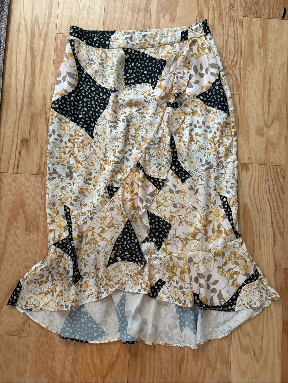 Greylin Floral Patchwork High-Low Ruffle Skirt - Cream, Black & Gold